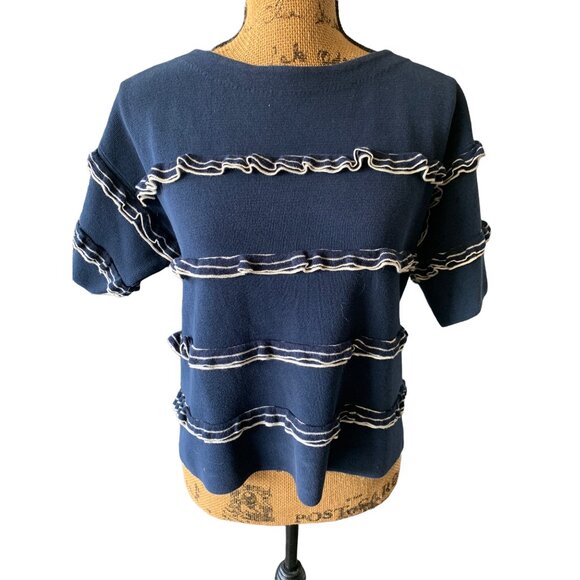 👗 2/$30 👗 J.Crew Small Navy Blue with White Ruffle Short Sleeve Sweater - Picture 1 of 6